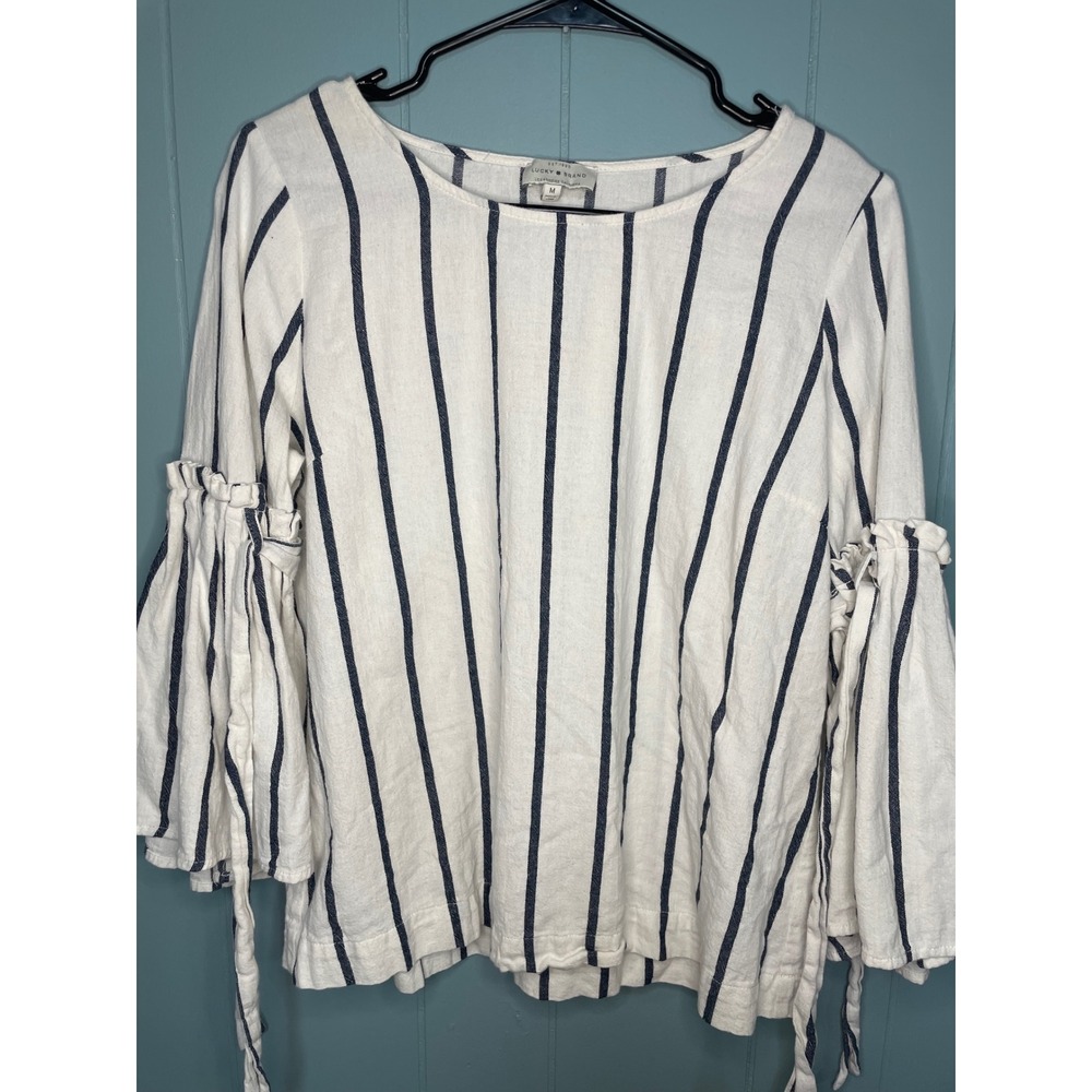 Lucky Brand Striped Bell Sleeve Blouse Womens Medium‎ White Navy Excellent Boho
